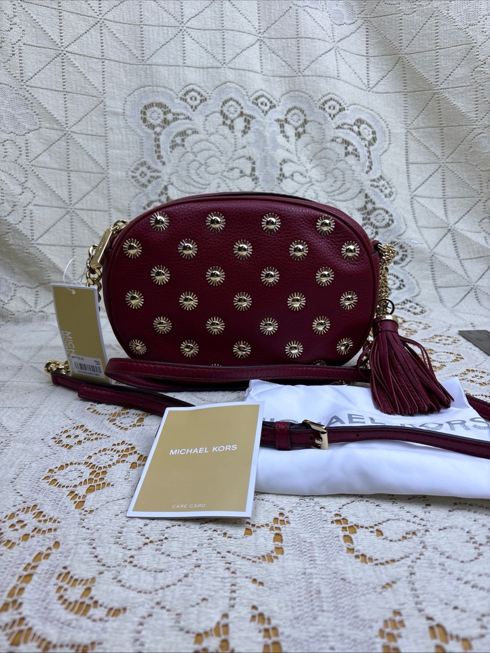 New MICHAEL KORS GINNY STUDDED MD MESSENGER CROSSBODY CHERRY starburst studs